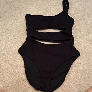 aerie Black One-Shoulder Cutout One-Piece Swimsuit